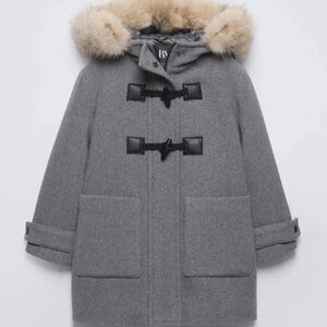 Zara Gray Pea Coat with Faux Fur Trim